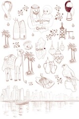 Hand drawn line art travel set Qatar Doha