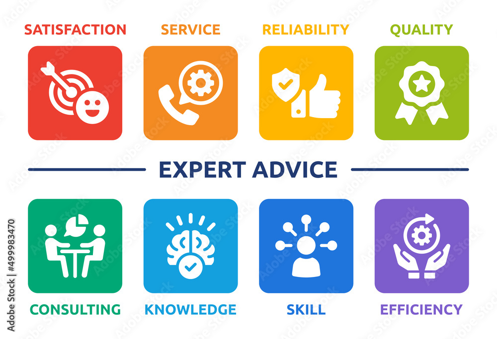 Poster expert advice text banner. containing satisfaction, service, reliability, quality, consulting, knowl