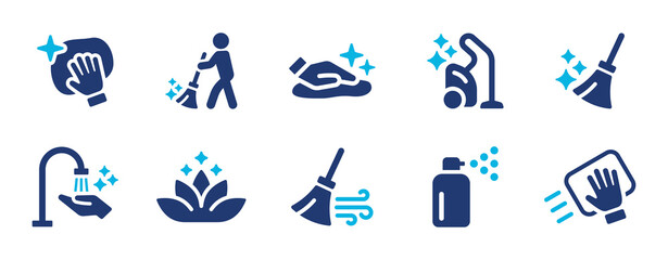 Cleaning icon set. Housekeeping service and Maid cleaner equipment icon collection. Hygiene concept - obrazy, fototapety, plakaty