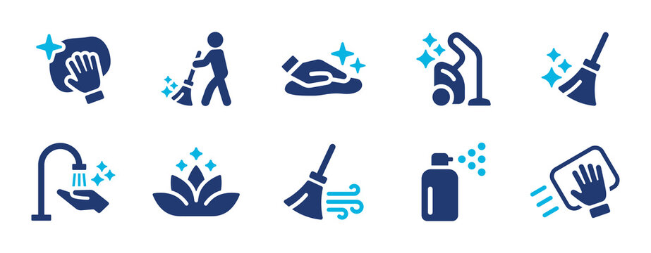 Cleaning icon set. Housekeeping service and Maid cleaner equipment icon collection. Hygiene concept