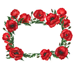 Rectangle floral frame: a lot of red poppies flower, green leaves and buds. Template, natural watercolor elements for card poster, invitation with empty place for text