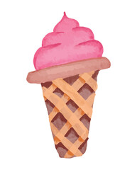 Strawberry Ice Cream Cone Illustration with Watercolor Style
