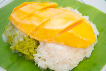 Mango with sticky rice topping with coconut milk sauce