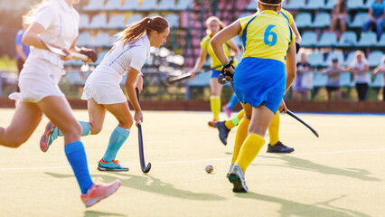 Battle for the ball in field hockey game at sunny day