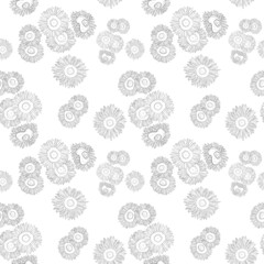 Seamless pattern with sunflowers. Sketch of sunflowers by lines. Black and white floral print. Pattern for wrapping paper, textiles.