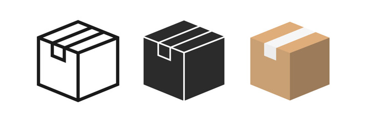 Box icon set design vector illustration, outline, solid, and flat color style. Package delivery shipping goods product business symbol.