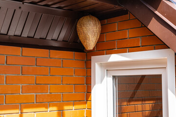 Life hack. Wasp nest decoy of paper in form of elongated ball under roof of country house. Close-up...