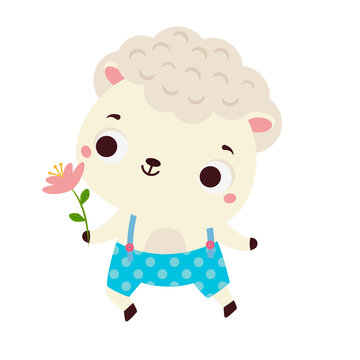 Cute lamb with flower. Cartoon sheep animal character for kids and children