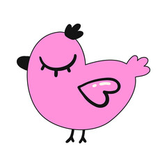Cute pink bird with a pattern on its body. A simple flat vector illustration isolated on a white background. Cute baby bird