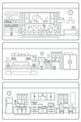 Flat outline style image of living room, bed room, and kitchen.