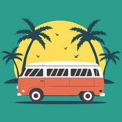 Vintage car on the background of palm trees and the sun. Retro vector illustration. Grunge background. Old design. Retro, vintage style. Hippie print.