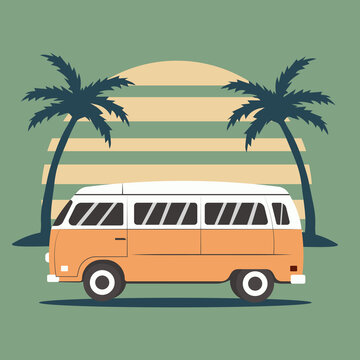 Vintage car on the background of palm trees and the sun. Retro vector illustration. Grunge background. Old design. Retro, vintage style. Hippie print.