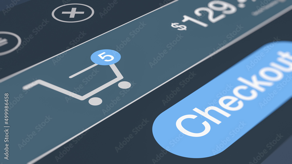 Poster online shopping, close-up of a shopping cart icon with items counter, the mouse cursor click on the 