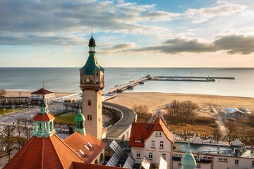 Aerial landscape of Sopot at Baltic sea with the wooden pier - Molo, Poland