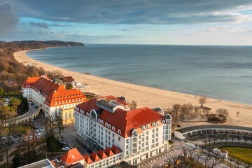 Aerial landscape of Sopot city at Baltic sea at sunrise, Poland