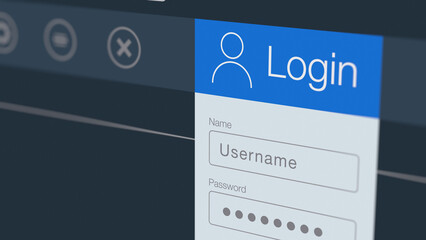 login account, close-up of a computer screen, enter username and password for login (3d render) - obrazy, fototapety, plakaty
