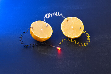 Free energy electricity generator using Lemon in blue light.