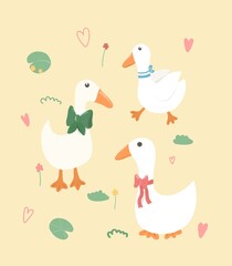 Set of funny cartoon geese. Drawn characters goose for children's cards, posters, books.