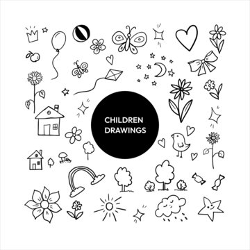 Cute children drawings. Set of vector doodles. Hand drawn. Cartoon baby doodles