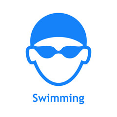 Logo con texto Swimming. Icono plano con silueta de cabeza de nadador con sombrero de natación y gafas protectoras en color azul