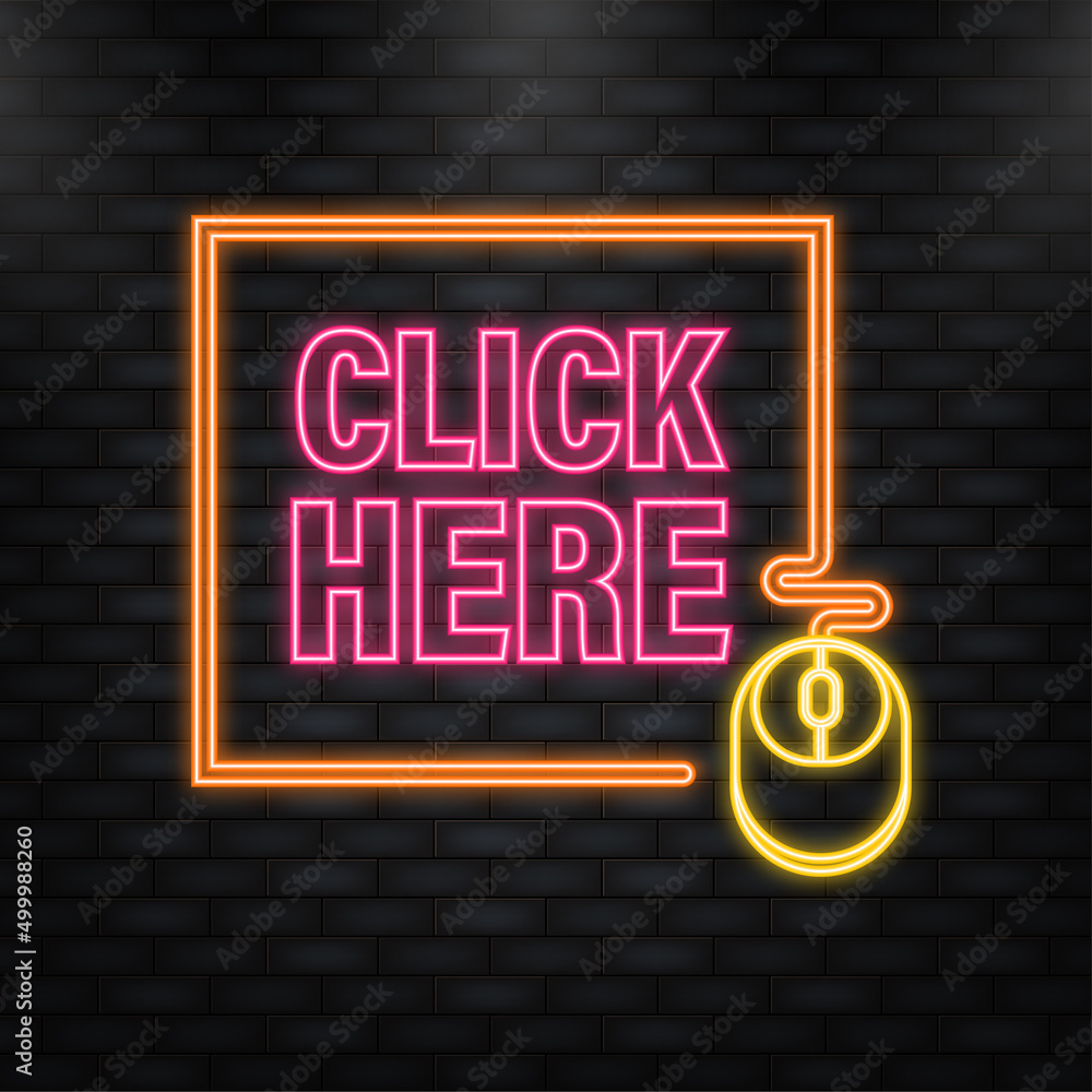 Poster neon icon. icon with click here 3d button on dark background for web marketing design. flat deign. s