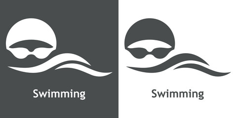 Logo con texto Swimming. Icono plano con silueta de cabeza de nadador con sombrero de natación y gafas protectoras con olas en fondo gris y fondo blanco - obrazy, fototapety, plakaty