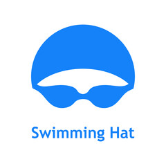 Logo con texto Swimming Hat. Icono plano con silueta de cabeza de nadador con sombrero de natación y gafas protectoras en color azul