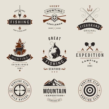 Collection Vintage Decorative Hunting Hobby Logo With Place For Text Vector Illustration. Set Retro Emblem Template Wild Animals And Birds Fishing Tourism Camping Expedition Outdoor Leisure Activity