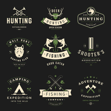 Collection monochrome hunting fishing society hobby vintage logo decorative design with place for text vector illustration. Set minimalist brutal leisure activity hunter adventure exploration camping