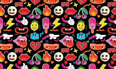 Seamless pattern with stickers with funny cartoon characters. Big set of comic elements in trendy retro cartoon style.