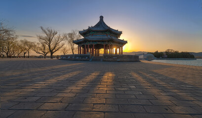 From a distance, the sunlight passes through Ru pavilion, the Forbidden City Beijing - obrazy, fototapety, plakaty