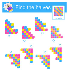 Logıc puzzle. Fınd the halves of cubes. Educational material for kids. Vector illustration