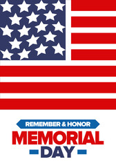 Memorial Day in United States. Remember and Honor. Federal holiday for remember and honor persons who have died while serving in the United States Armed Forces. Celebrated in May. Vector poster