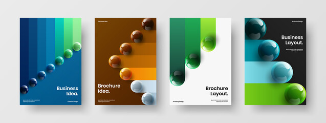 Unique realistic balls presentation template collection. Abstract poster A4 design vector concept bundle.