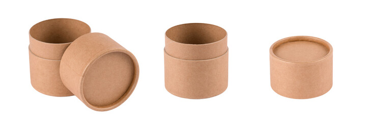 Mockup of paper tubes with paper cap in different positions isolated on white background for your design project. Cardboard containers for packaging. Template for design. Cosmetic packaging