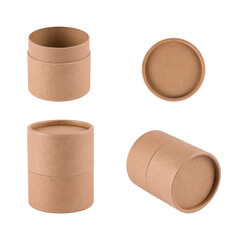 Mockup of paper tubes with paper cap in different positions, open and closed, isolated on white background for your design project. Cardboard containers for packaging. Sustainable cosmetic packaging