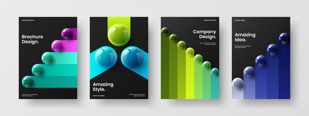 Amazing leaflet A4 vector design template bundle. Clean 3D spheres company brochure illustration set.