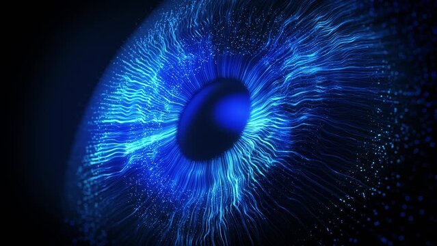 Abstract blue light explosion that expands in space forming a human eye. Concept of technological vision or artificial intelligence control. Digital futuristic Iris background.God's moment of creation
