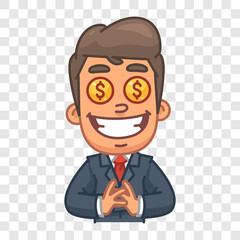 Businessman smiling and his eyes in form of dollar sign. Funny character. Vector character