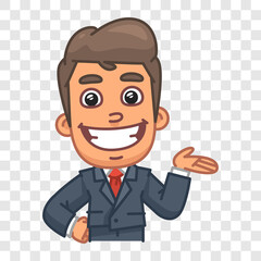 Businessman smiling and showing palm. Funny character. Vector character