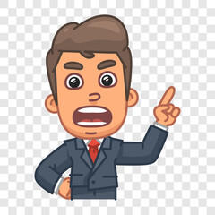 Businessman yells and points his finger at. Funny character. Vector character