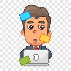 Businessman working on laptop. Funny character. Vector character