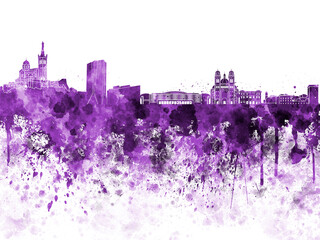 Marseilles skyline in purple watercolor on white background