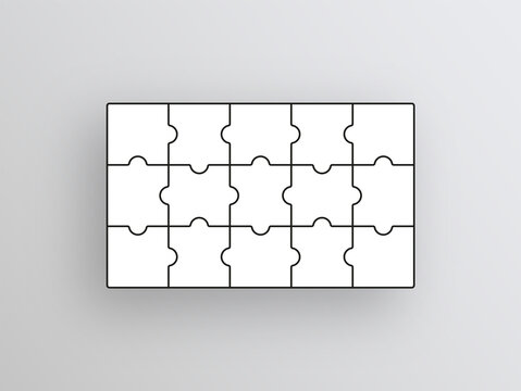 Puzzle pieces. Jigsaw grid. Thinking mosaic game with 15 shapes on background. Puzzle layout with separate details. Laser cut frame. Paper leisure toy. Vector illustration.