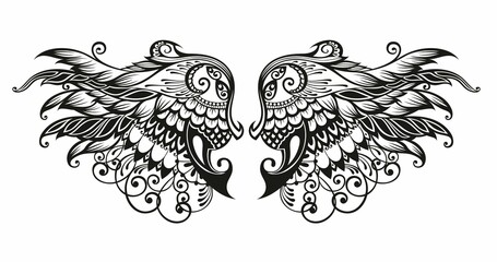 Naklejka premium A pair of bird wings. Angel. Vector illustration for tattoo. 