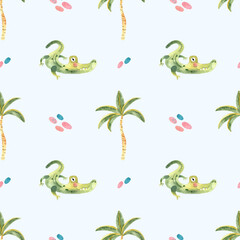 Fototapeta premium watercolor crocodile seamless pattern on blue background. Cute alligator backdrop design
