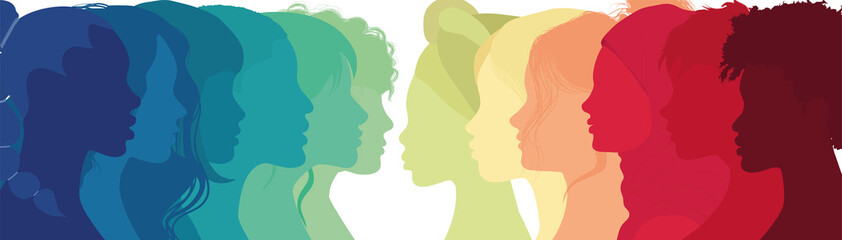 Communication group of multicultural diversity women and girls - face silhouette profile. Female social network community of diverse culture. Racial equality.Friendship. Colleagues.Rainbow