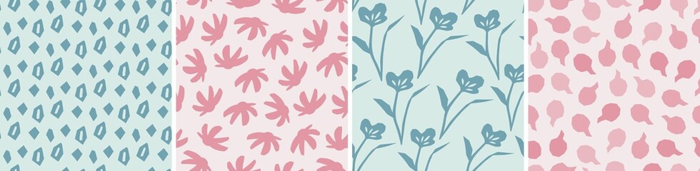 Set of vector seamless patterns. Floral and abstract shapes