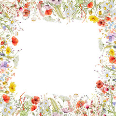 Wild flowers watercolor frame botanical hand drawn illustration