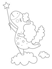 Dreamy unicorn with magic wand on the cloud.  Black and white linear drawing. For the design of children's coloring books, prints, posters, stickers, cards and so on. Vector illustration.